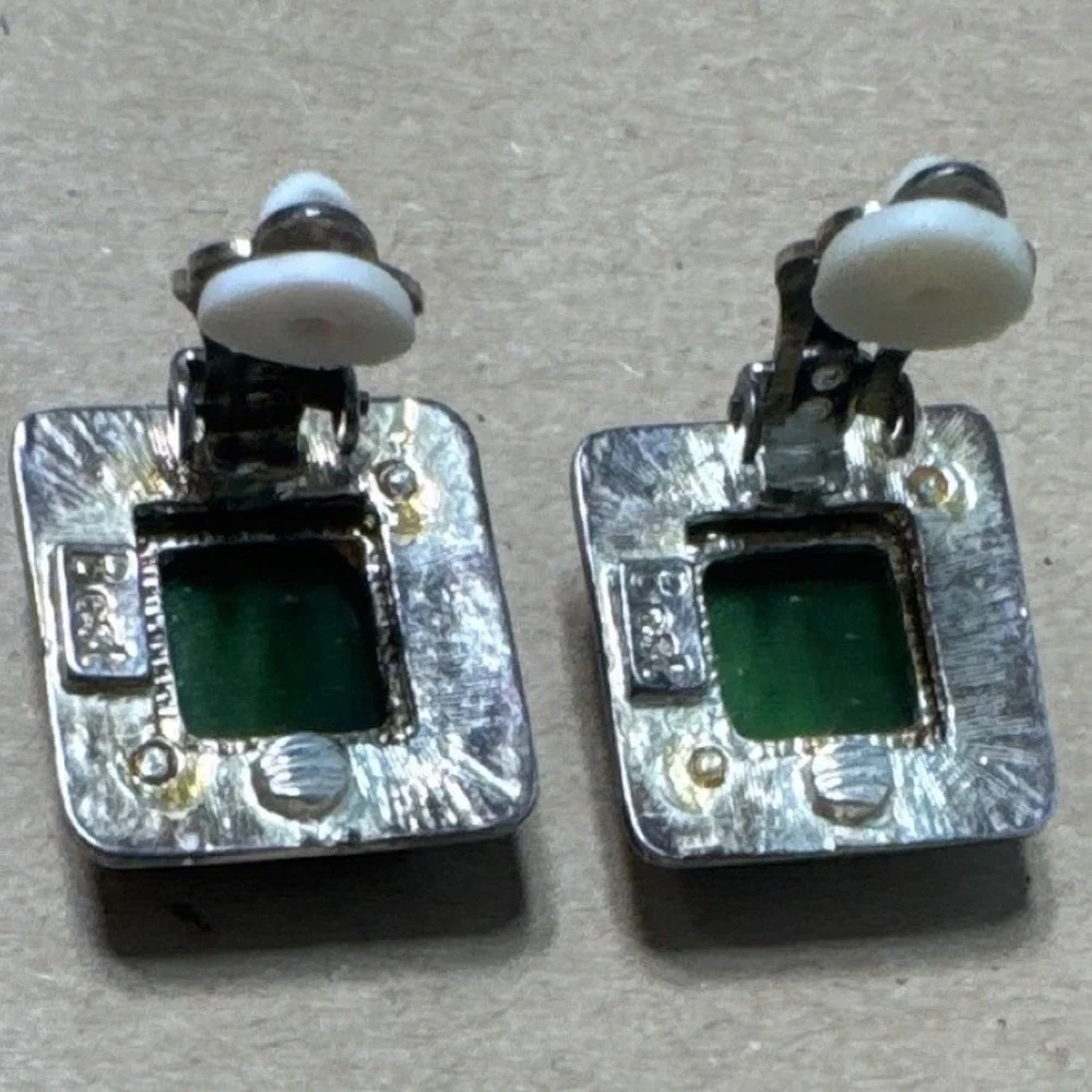 Vintage BEST Clip On Earrings Green Gold Iridescent Glass Square Silver Tone